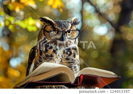 Small owl wearing glasses is sitting on top of an open book. Small owl wearing glasses is sitting on top of an open book. 124913397