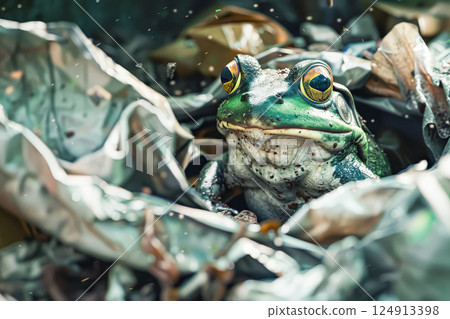 Frog is sitting on top of some trash 124913398