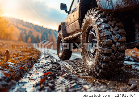 Dirty truck with mud on the tires is driving down a dirt road 124913404
