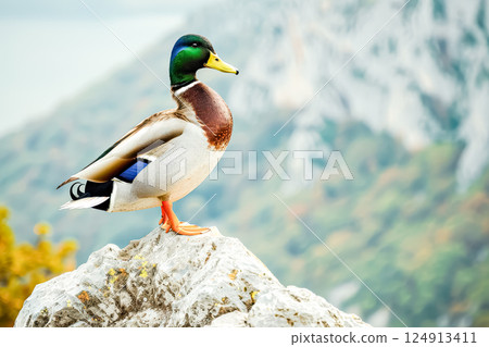 Duck is standing on a rock near a mountain 124913411