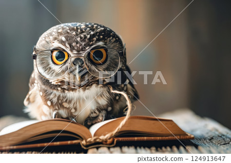 Small owl wearing glasses is sitting on top of an open book 124913647