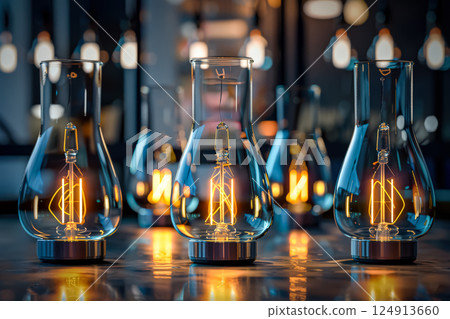 Three glass vases with light bulbs inside of them 124913660