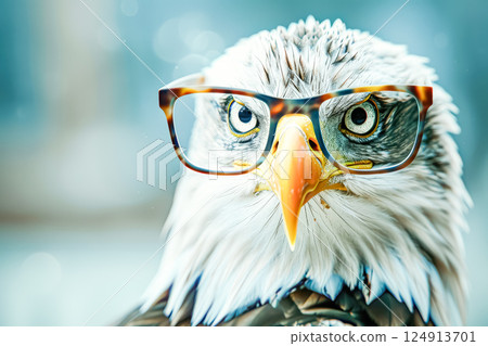 Bald eagle wearing glasses is staring at the camera 124913701