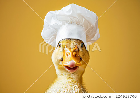 Duck wearing a chef's hat and smiling Duck wearing a chef's hat and smiling 124913706