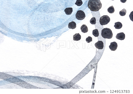 Abstract watercolor background with blue and black circles and dots on white Abstract watercolor background with blue and black circles and dots on white 124913783