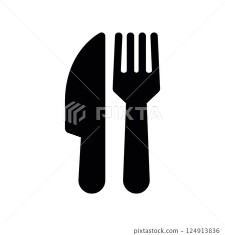 Solid knife and fork icon symbolizing dining, restaurant, or mealtime 124913836
