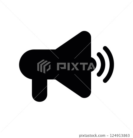Tilted solid megaphone with sound waves for dynamic alert or broadcast Tilted solid megaphone with sound waves for dynamic alert or broadcast 124913863