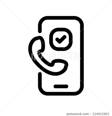 Outline smartphone displaying verified call status via handset and checkmark 124913901