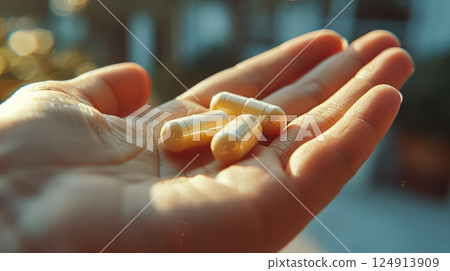 Three white pills are held in a hand. 124913909