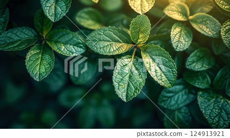 Lush green plant with droplets of water on its leaves. 124913921