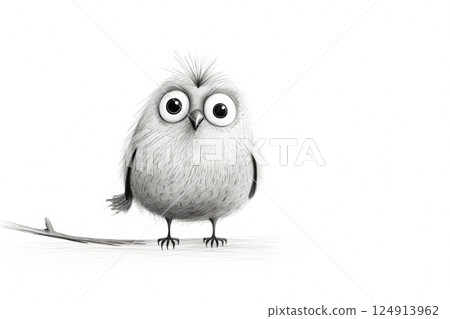 Cartoonish bird with big eyes stands on a white background. Cartoonish bird with big eyes stands on a white background. 124913962