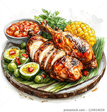 Plate of food with chicken and corn on it 124914039