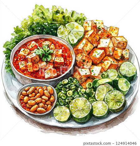 Plate of food with a variety of vegetables and meat 124914046