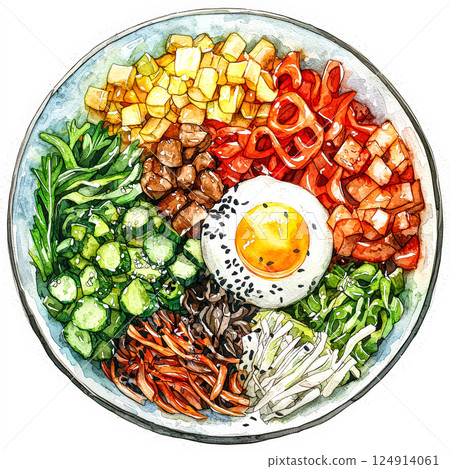 Bowl of food with a variety of vegetables and a fried egg. 124914061