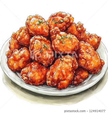Plate of fried chicken with a side of sauce and green onions. 124914077