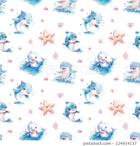 Pattern with cute dolphin and corals, watercolor illustration 124914137