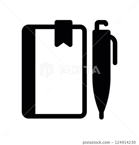 Clipboard with attached pen and bookmark glyph icon for notes or tasks list Clipboard with attached pen and bookmark glyph icon for notes or tasks list 124914230