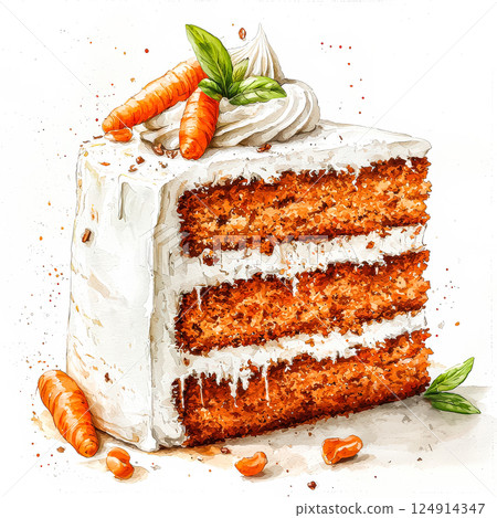 Delicious carrot cake with a carrot on top, topped with whipped cream. 124914347
