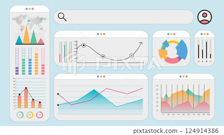 Flat dashboard with world map analysis, sliders, pie segments, performance graphs and user interface metrics. 124914386