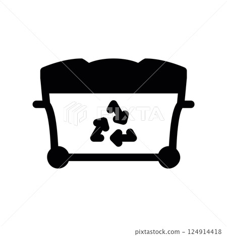 Large wheeled dumpster bin with recycling symbol for collection 124914418