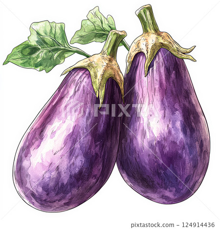 Two purple eggplants are shown in a watercolor painting. 124914436