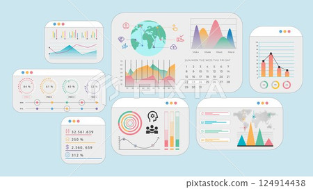 Global dashboard interface with calendar, data graphs, and international connection icons illustrating strategy and statistics. 124914438