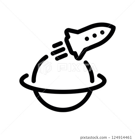 Rocket outline orbiting planet symbol representing space exploration technology 124914461