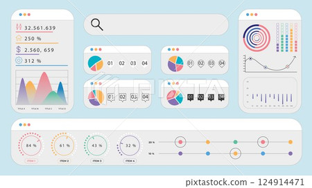 Modern dashboard interface with infographic rings, pie charts, line graphs, and numerical analysis visuals. Modern dashboard interface with infographic rings, pie charts, line graphs, and numerical analysis visuals. 124914471