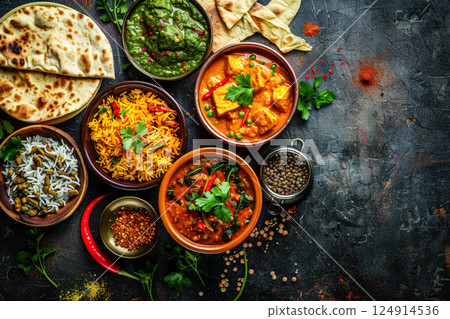 Variety of Indian food is displayed on a black background. 124914536