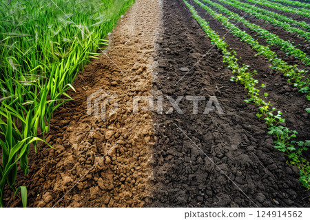 Field with two different types of soil, one being brown and the other green 124914562