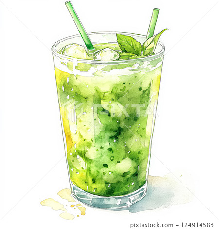 Glass of green liquid with a green straw in it. 124914583
