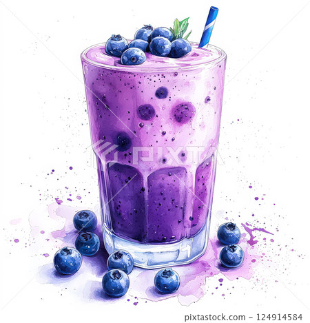 Glass of purple drink with blueberries and mint leaves on top. 124914584