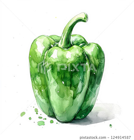 Green pepper is shown in a watercolor painting 124914587