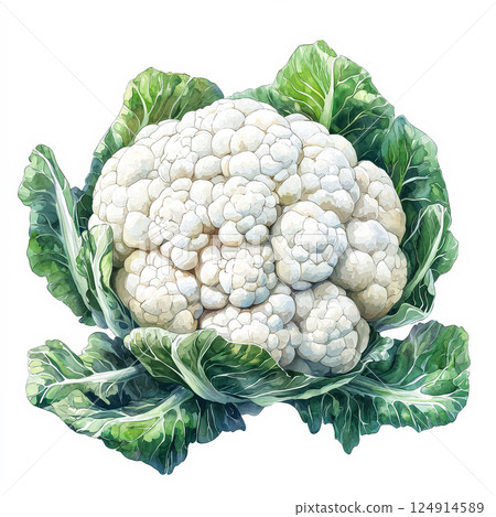 White cauliflower is the main focus of the image. 124914589