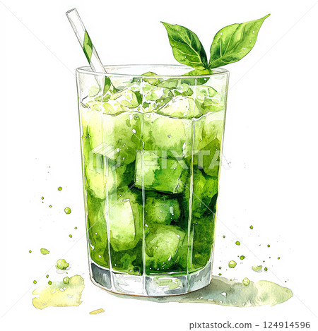 Glass of green liquid with a green straw in it 124914596