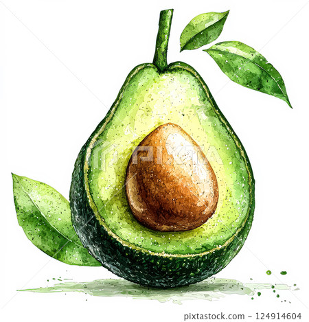 Watercolor painting of an avocado with a green leaf on top Watercolor painting of an avocado with a green leaf on top 124914604