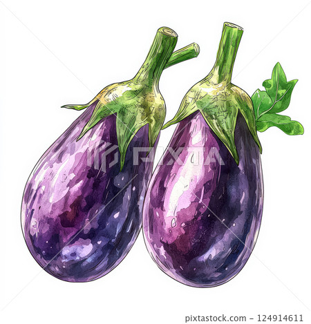 Two purple eggplants are shown in a watercolor painting. 124914611