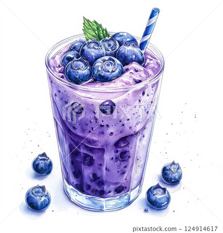 Glass of purple drink with blueberries and mint leaves on top. Glass of purple drink with blueberries and mint leaves on top. 124914617