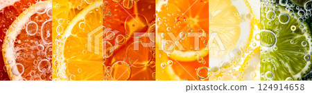 Colorful image of oranges and lemons with bubbles in the background 124914658