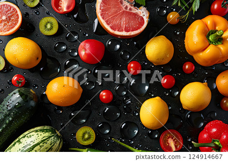 Close up of a variety of fruits and vegetables, including oranges, lemons 124914667