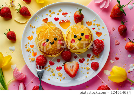 Plate of pancakes with two smiling faces on top and strawberries 124914684