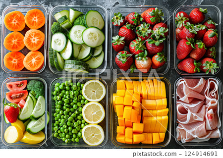 Variety of fruits and vegetables are displayed in clear containers 124914691