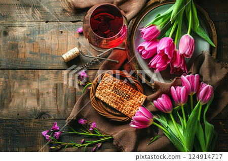 Plate of food and flowers with a wine glass and a Passover bread 124914717