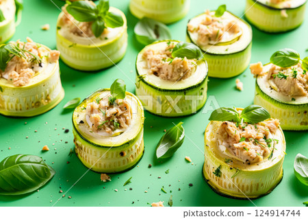 Plate of zucchini filled with cheese and herbs 124914744