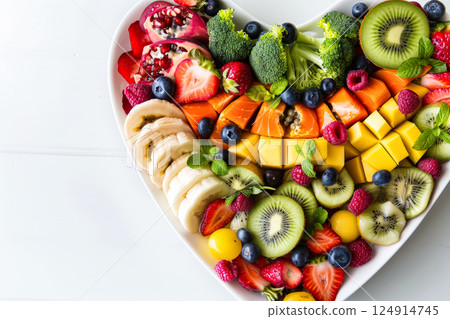 Heart-shaped fruit platter with a variety of fruits including bananas Heart-shaped fruit platter with a variety of fruits including bananas 124914745