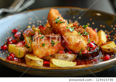 Plate of food with a variety of ingredients including potatoes, fish 124914746
