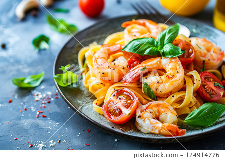 Plate of shrimp pasta with tomatoes and basil. 124914776