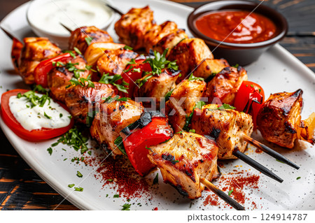 Plate of meat skewers with a side of sauce and a bowl of sauce 124914787