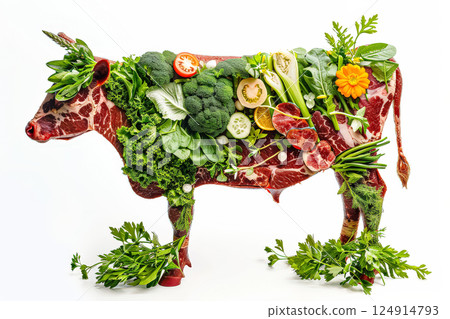 Cow is covered in green plants, giving it a unique and artistic appearance. 124914793