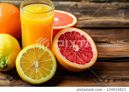 Glass of orange juice is on a table with a few oranges and a grapefruit 124914821